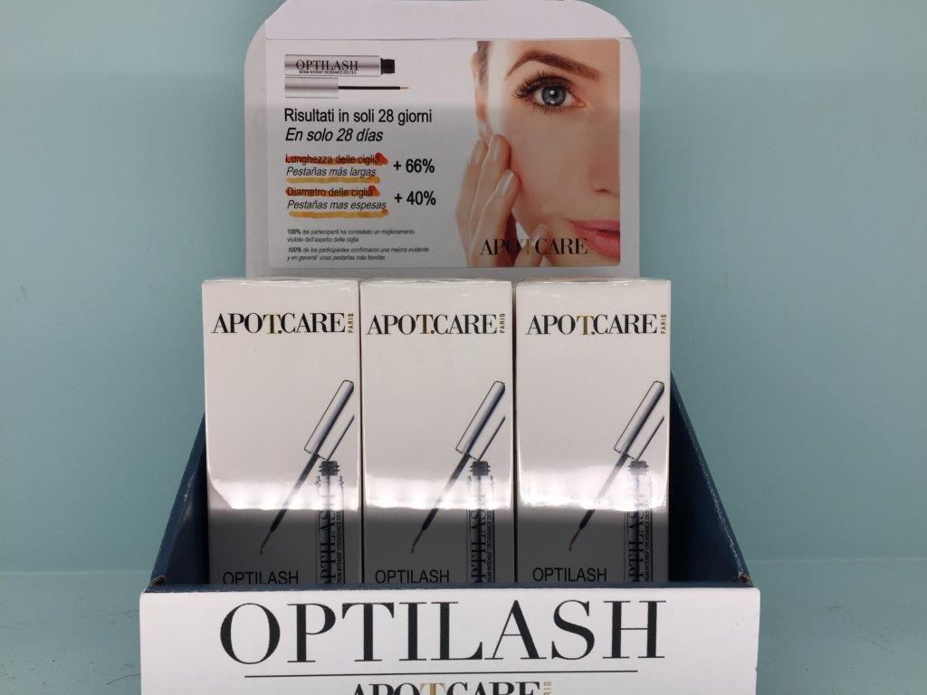 Una caja de suero para pestañas Optilash con una imagen de una mujer encima.