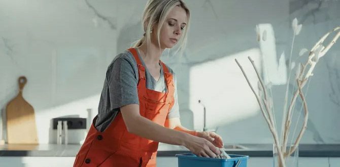 Mujer con un mono naranja, lavando un paño en un balde azul, en una cocina moderna.