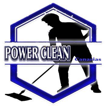 El logotipo de Power Clean Canarias muestra a un hombre limpiando el suelo con una fregona.