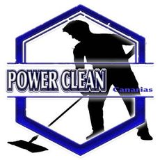 El logotipo de Power Clean Canarias muestra a un hombre limpiando el suelo con una fregona.