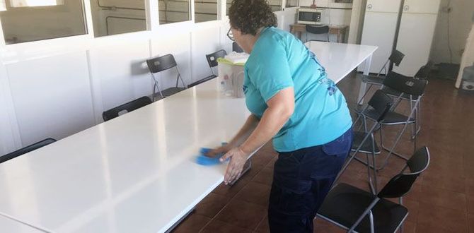 Una mujer está limpiando una mesa con una esponja en una habitación.