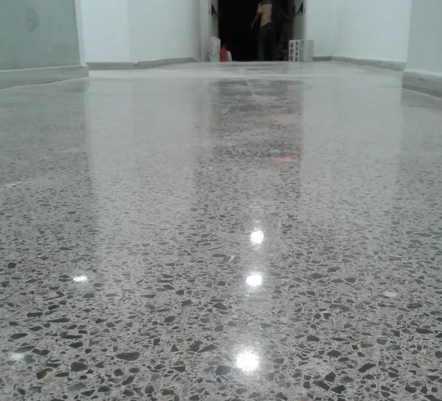 Un primer plano de un piso de hormigón brillante en un pasillo.