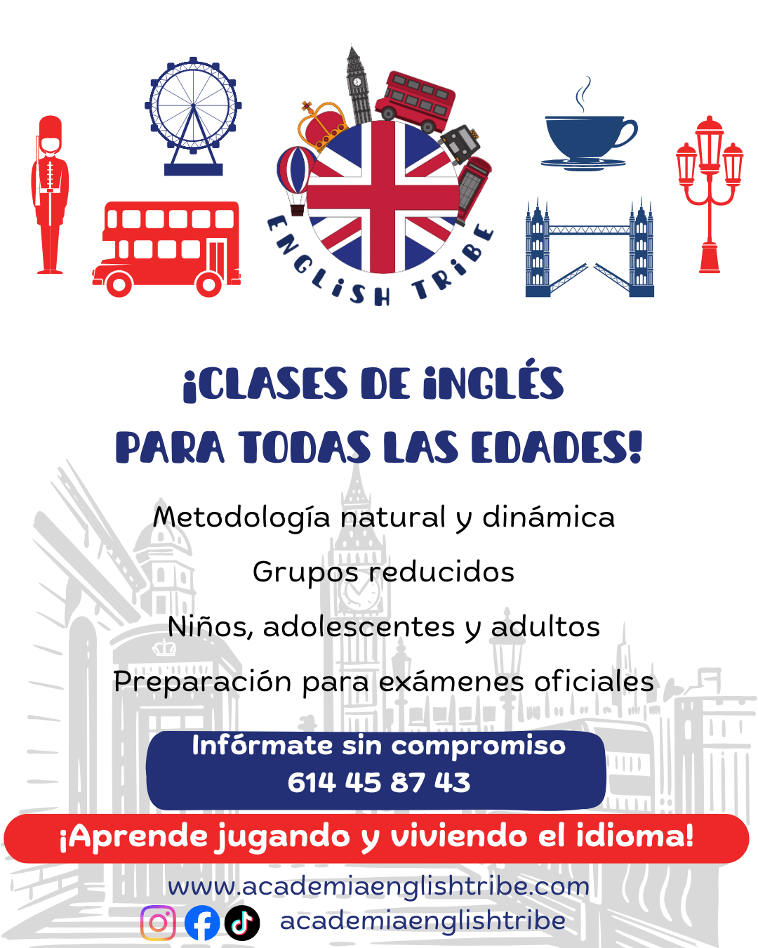 Anuncio de clases de inglés para todas las edades, con la bandera del Reino Unido, iconos de estudio e información de contacto sobre un fondo blanco.