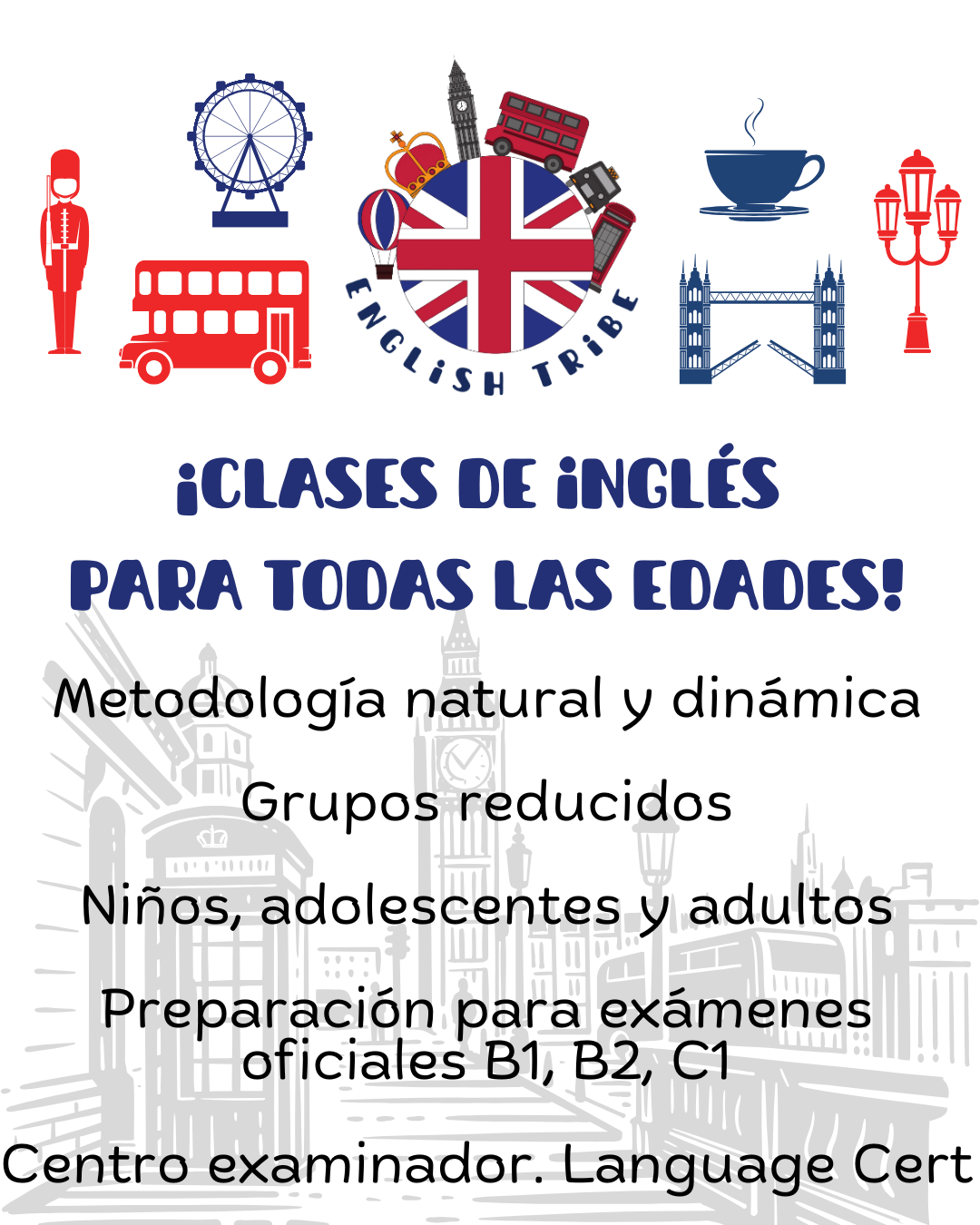 Anuncio de clases de inglés: Metodología, grupos reducidos, preparación para exámenes; iconos con temática británica y la bandera del Reino Unido en el centro.