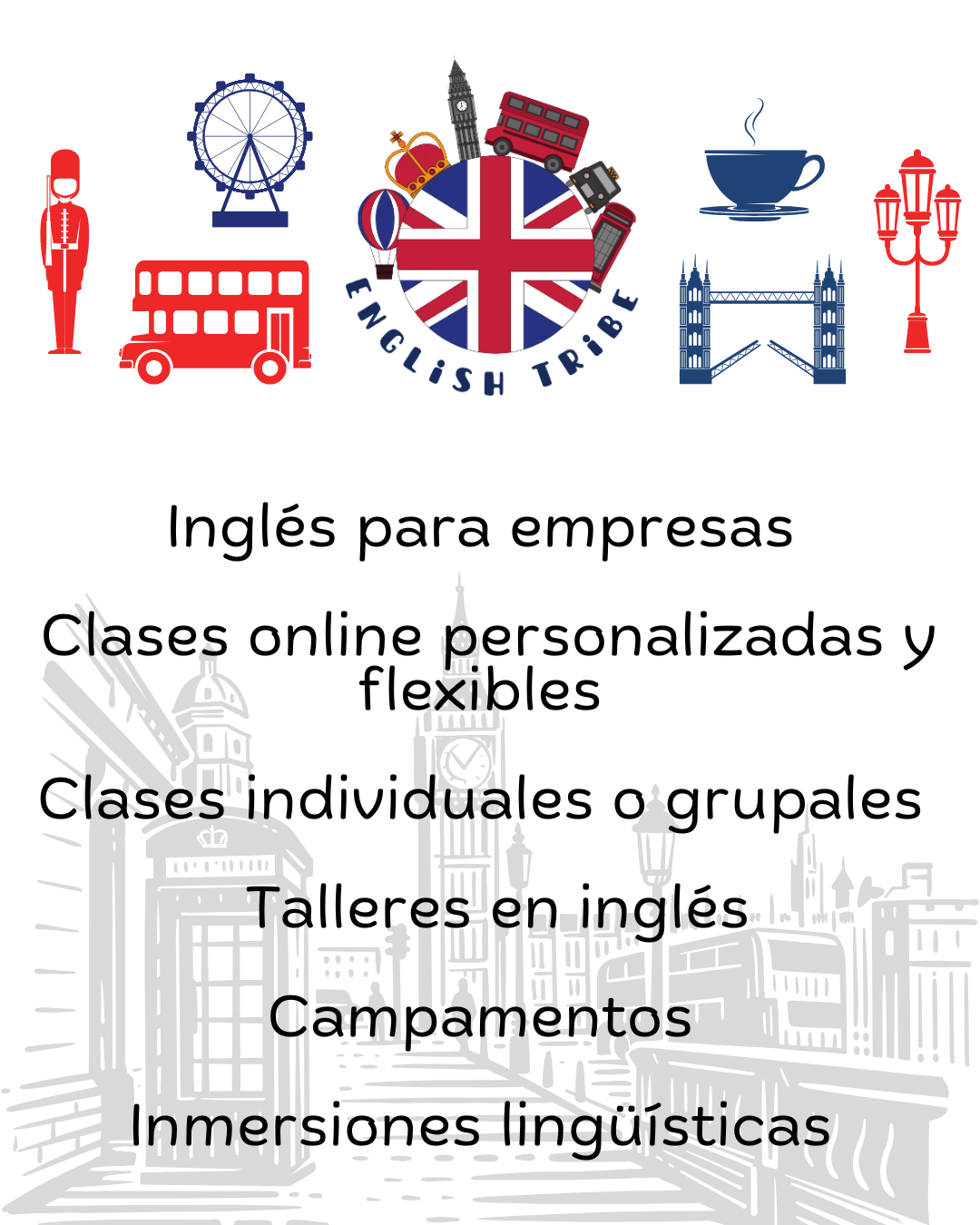 Cartel de inglés para empresas con bandera británica y texto sobre clases online, talleres e inmersiones.