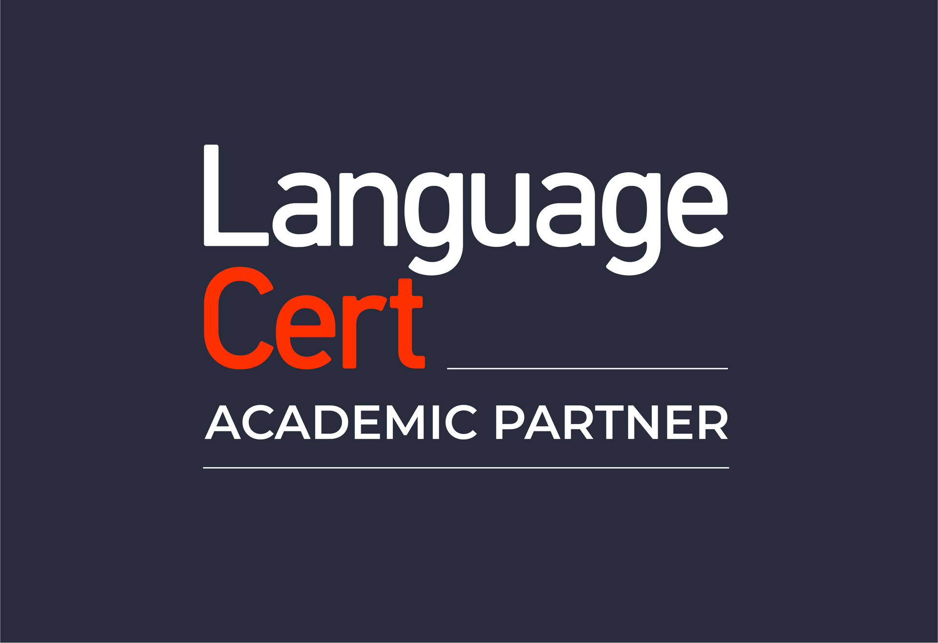 Logotipo de LanguageCert Academic Partner sobre un fondo azul oscuro, con texto blanco y naranja.