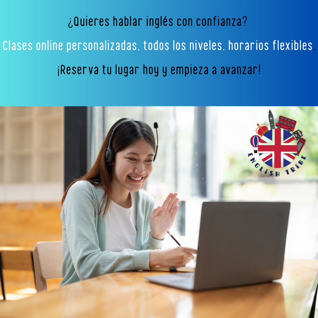 Anuncio de clases de inglés online con una mujer usando un portátil y un icono de bandera del Reino Unido.