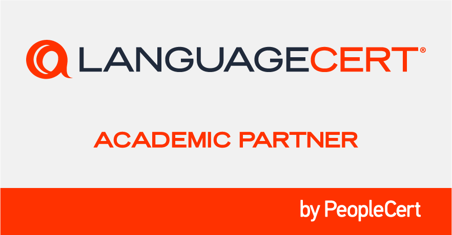 Logotipo de LanguageCert Academic Partner con texto naranja y gris, de PeopleCert sobre fondo blanco.