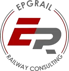 El logotipo de EP Grail Railway Consulting es rojo y gris.