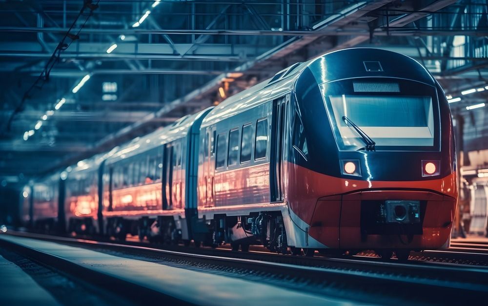 Un tren llega a una estación de tren por la noche.