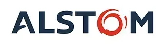 La palabra Alstom está escrita en negro y rojo sobre un fondo blanco.