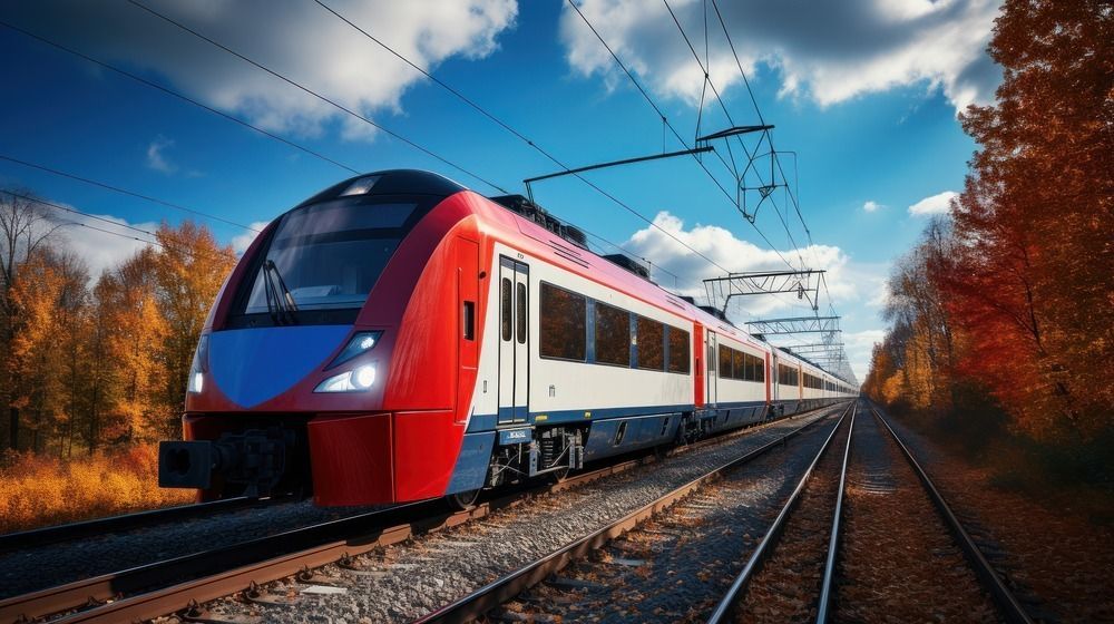 Un tren rojo y blanco va bajando por las vías del tren.