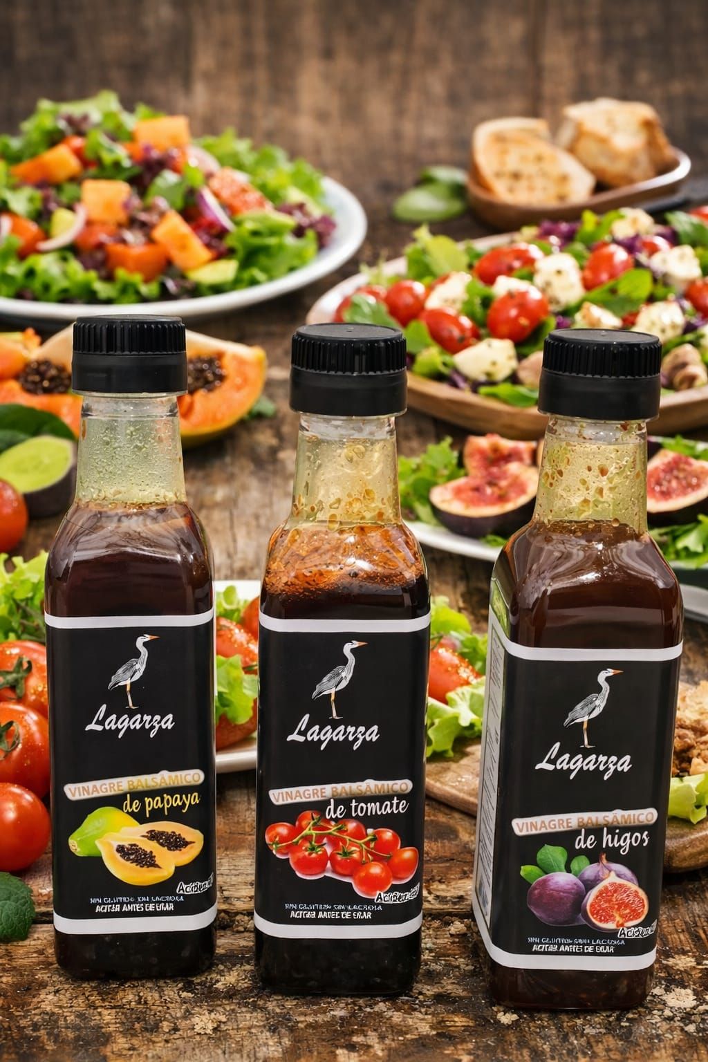 Tres botellas de salsa con etiquetas de frutas, sobre una superficie de piedra con fondo oceánico.