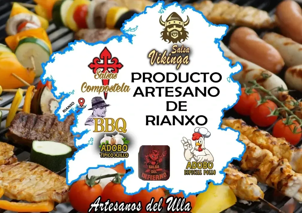 Productos alimenticios artesanos de Rianxo con logotipos y platos a la brasa: brochetas, embutidos, tomates.