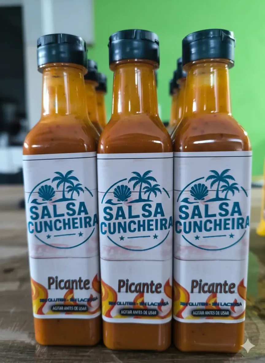 Botellas de salsa picante “Salsa Cuncheira” con etiqueta tropical; líquido naranja.