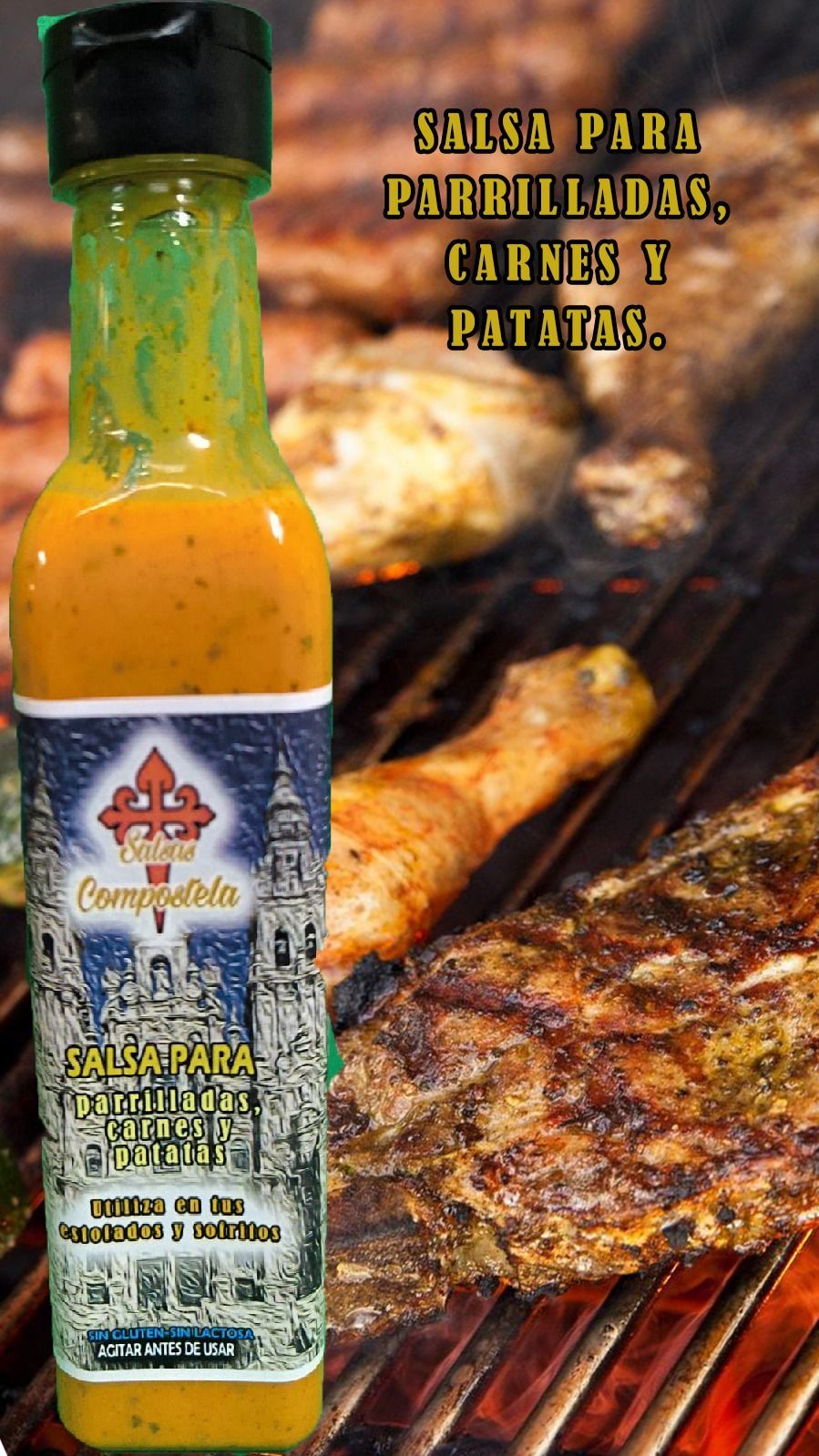 Filetes de salmón asándose sobre llamas, recipiente para condimentos 