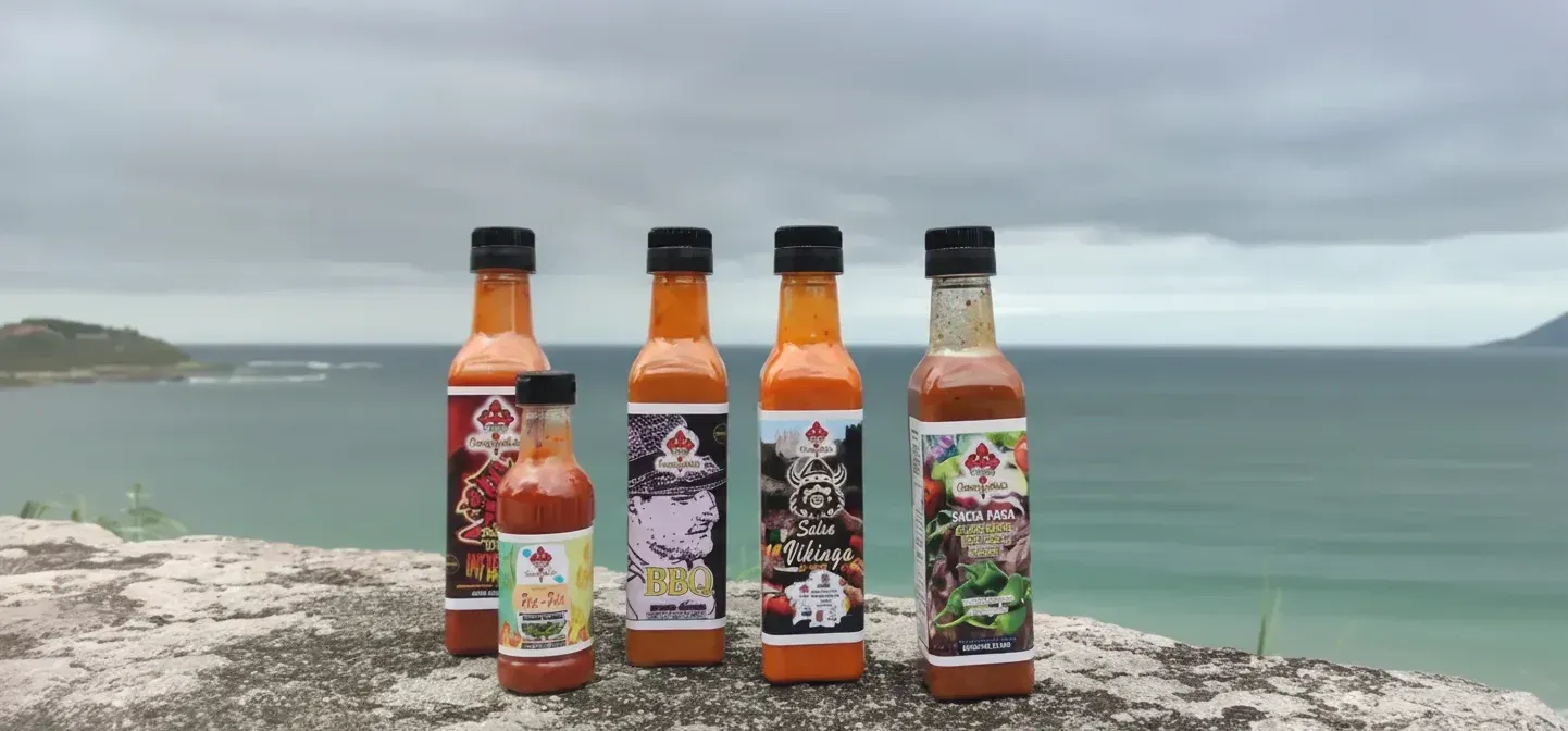Cinco botellas de salsa picante reposan sobre una superficie de piedra con un océano y un cielo nublado de fondo.