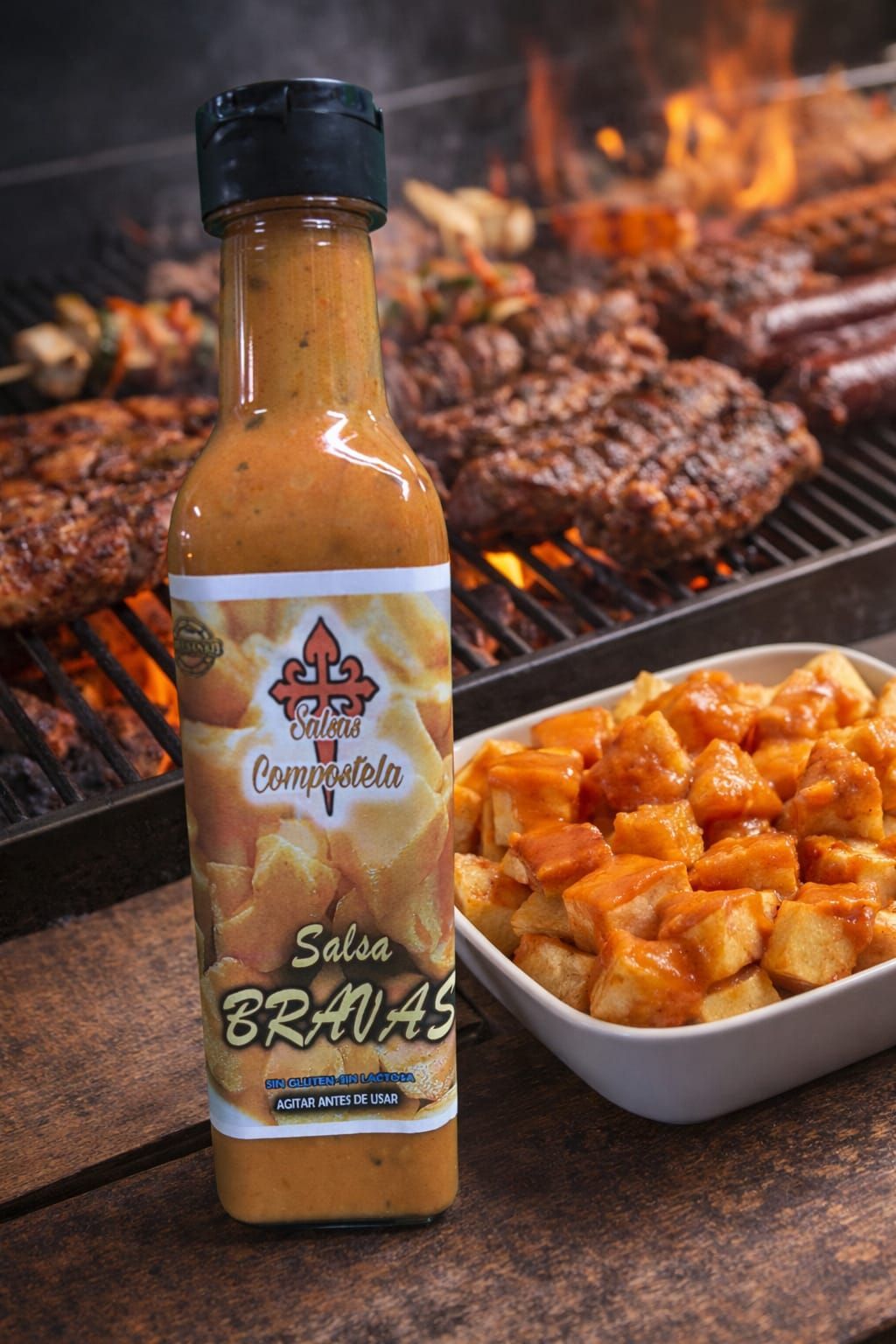 Botella de salsa de ajo Adobo rodeada de comida: camarones, bistec, ajo.