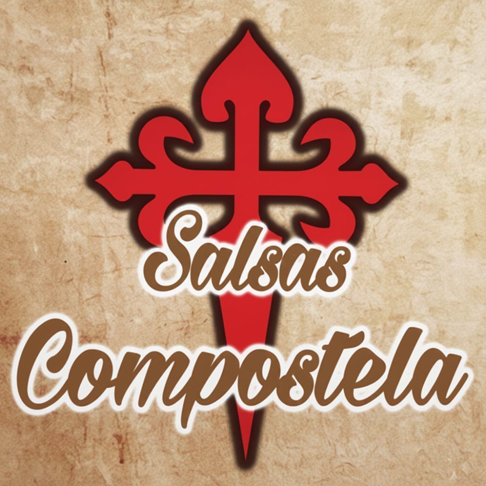 Logotipo de "Salsas Compostela" con una Cruz de Santiago roja sobre un fondo texturizado.
