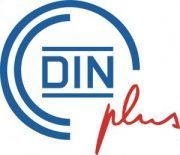 Un logo DIN bleu avec un plus rouge stylisé écrit en dessous en caractères cursifs.