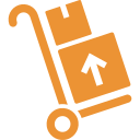 Une icône orange représentant un diable à deux roues transportant deux cartons empilés, avec une flèche pointant vers le haut sur le devant.