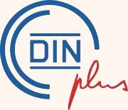 Le logo de certification DINplus : le texte bleu DIN à l’intérieur d’une bordure en forme de C, avec le mot plus en rouge en dessous.