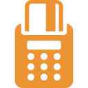 Icône orange d'un terminal de paiement portable avec une carte insérée en haut.
