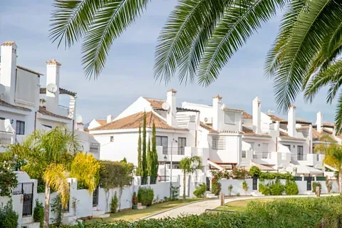 Hilera de casas de estuco blanco con palmeras en un entorno soleado al aire libre.