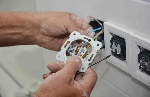 Manos instalando tomacorriente eléctrico en una pared, con cables expuestos.