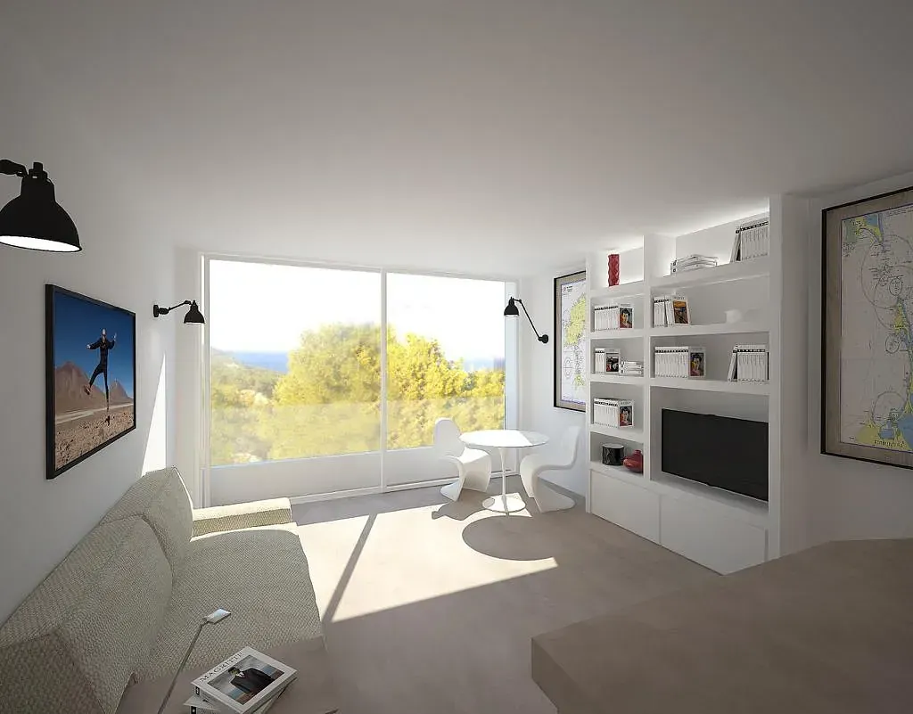 Moderna sala de estar con gran ventanal con vista, paredes blancas y estantes empotrados.