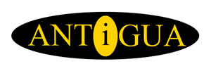 Logotipo de Antigua: Texto dorado sobre un óvalo negro. La