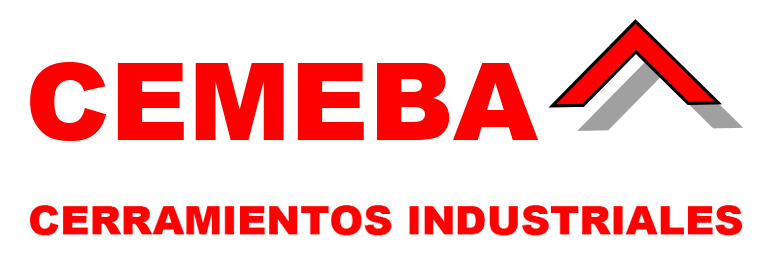 Logotipo de CEMBA, "Cerramientos Industriales", con texto rojo y un icono de tejado rojo y gris.