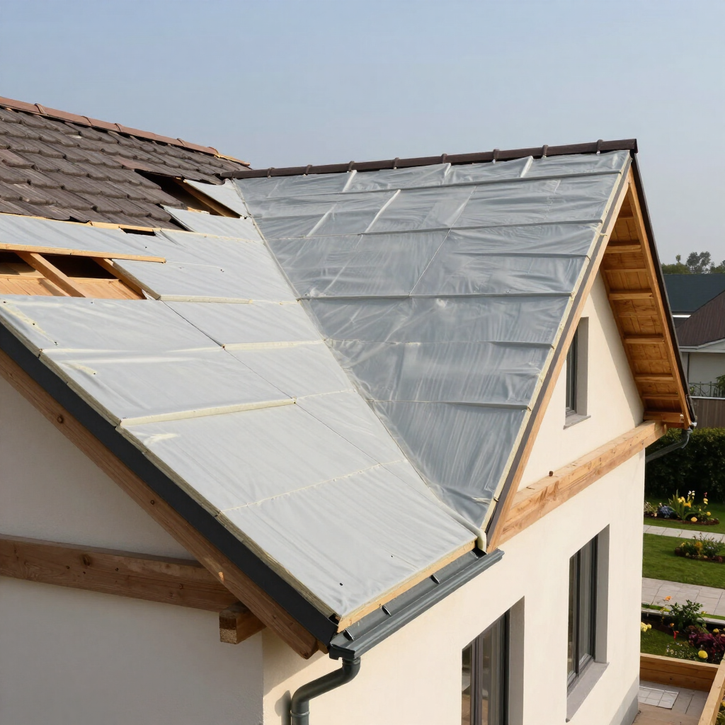 Toiture de maison en construction avec panneaux d'isolation blancs et bâches de protection grises.