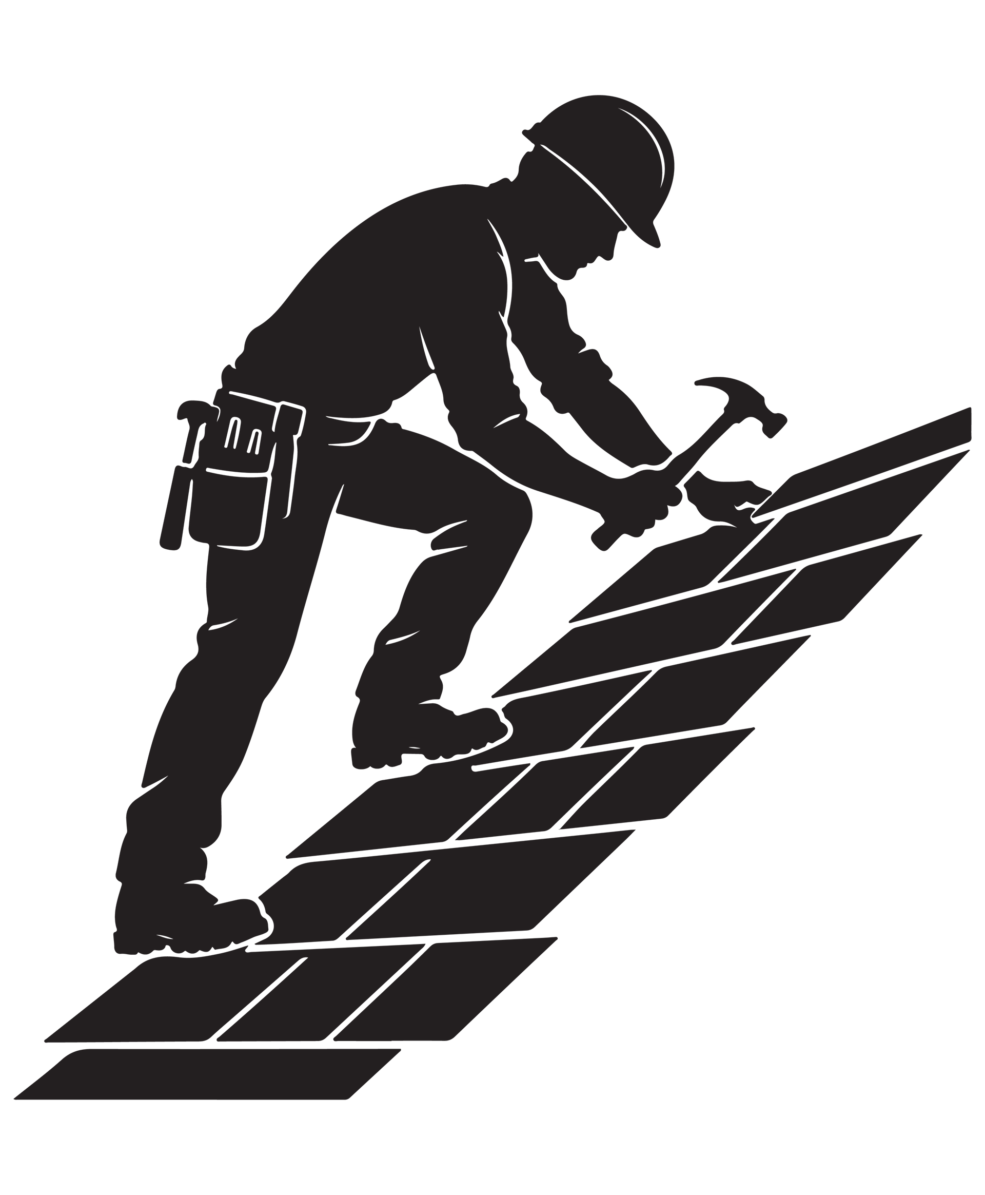 Silhouette d'un ouvrier du bâtiment posant des bardeaux sur un toit en pente.