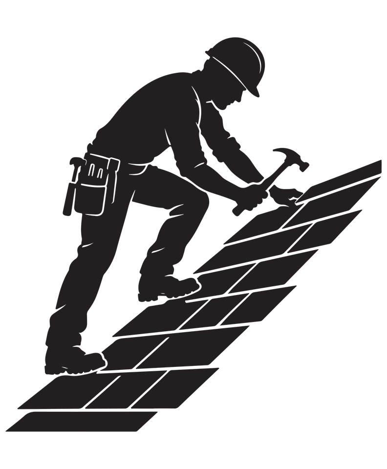 Silhouette d'un ouvrier du bâtiment posant des bardeaux sur un toit en pente.