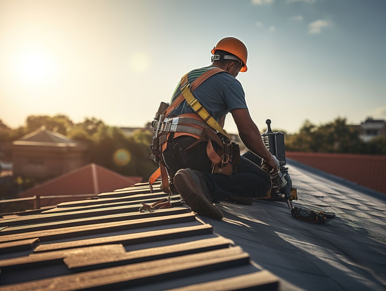 Ouvrier portant un casque orange sécurise un toit avec un harnais de sécurité au coucher du soleil.