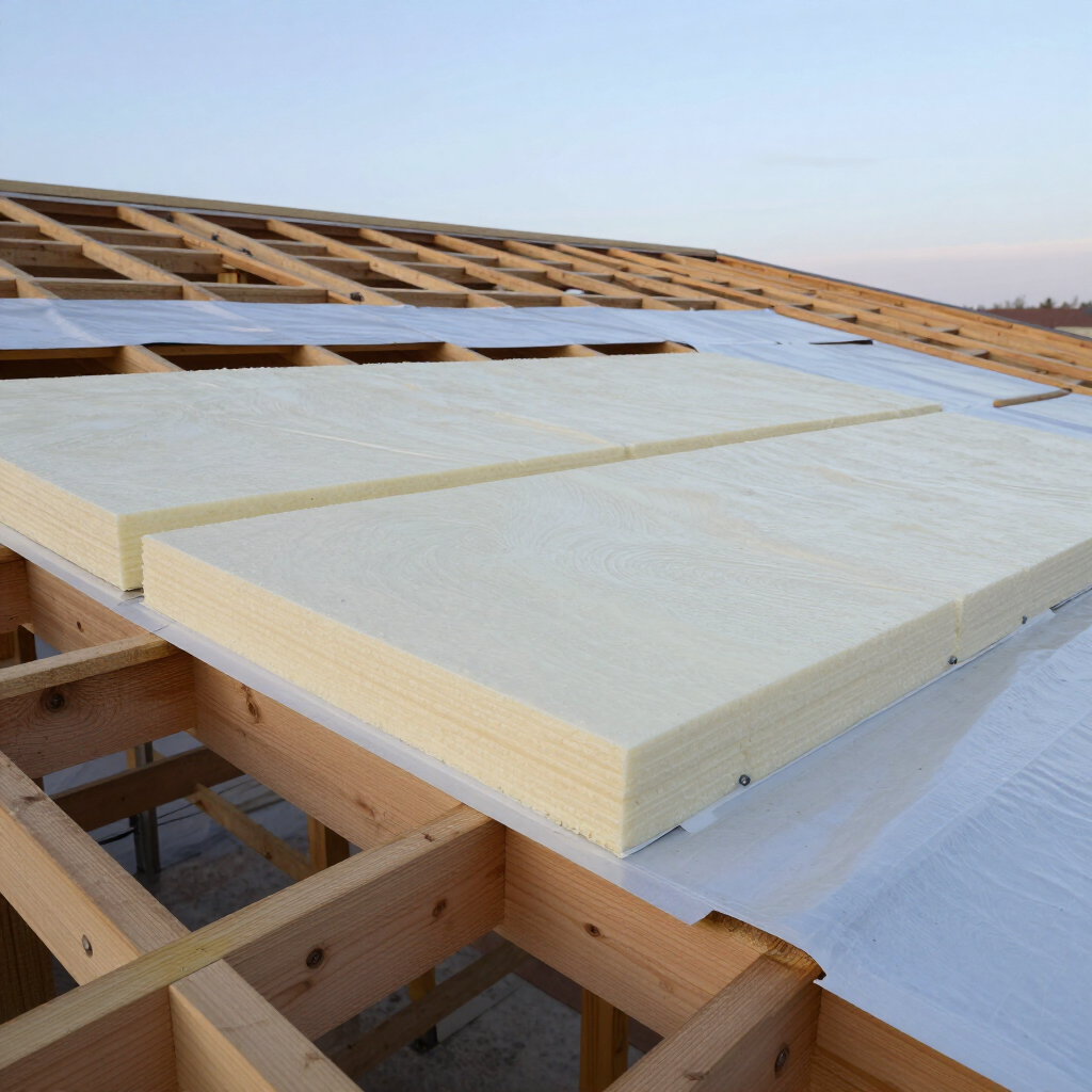 Des panneaux d'isolation en mousse ont été posés sur la charpente du toit lors de la construction de celui-ci.