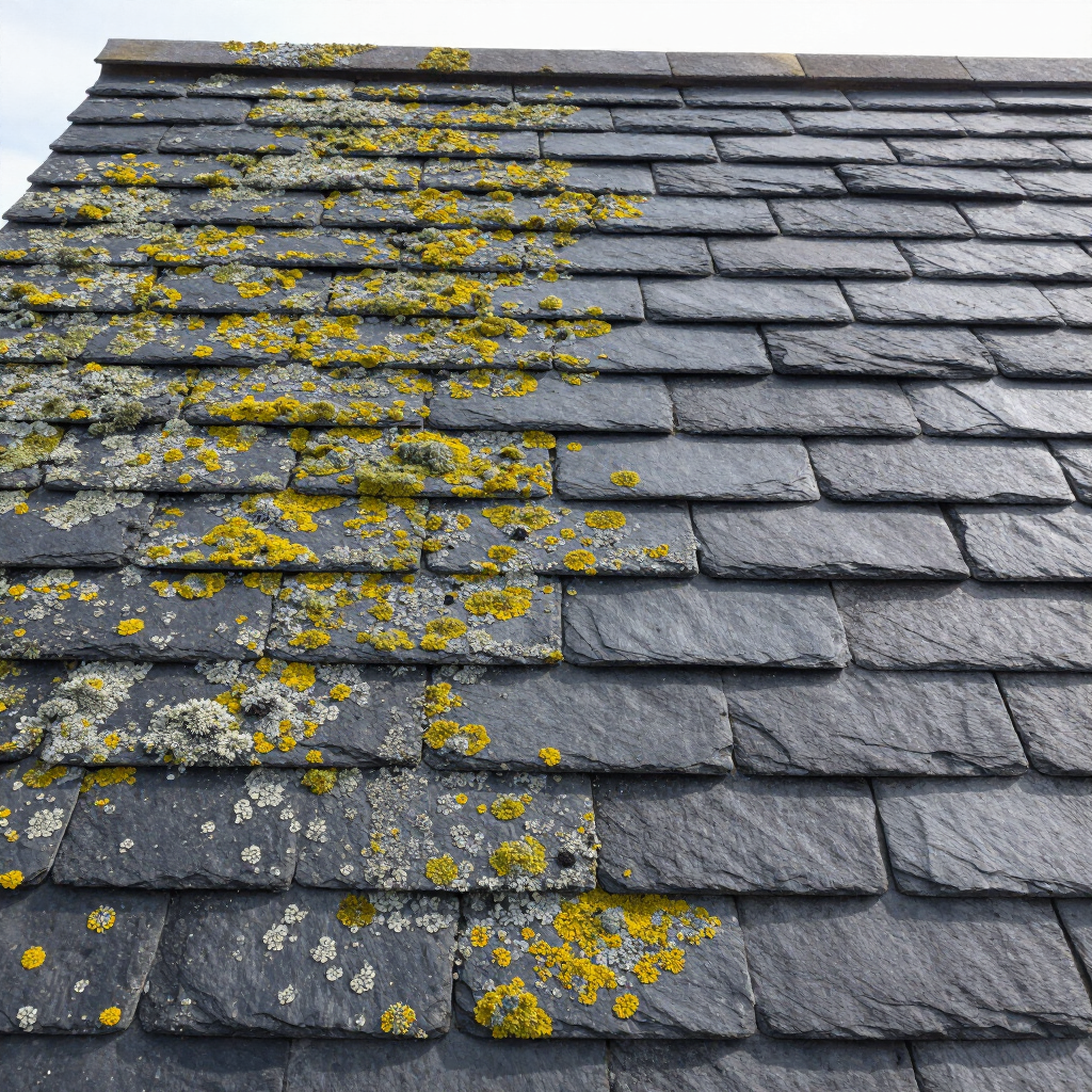 Toit en ardoise grise avec des taches de lichen jaune.