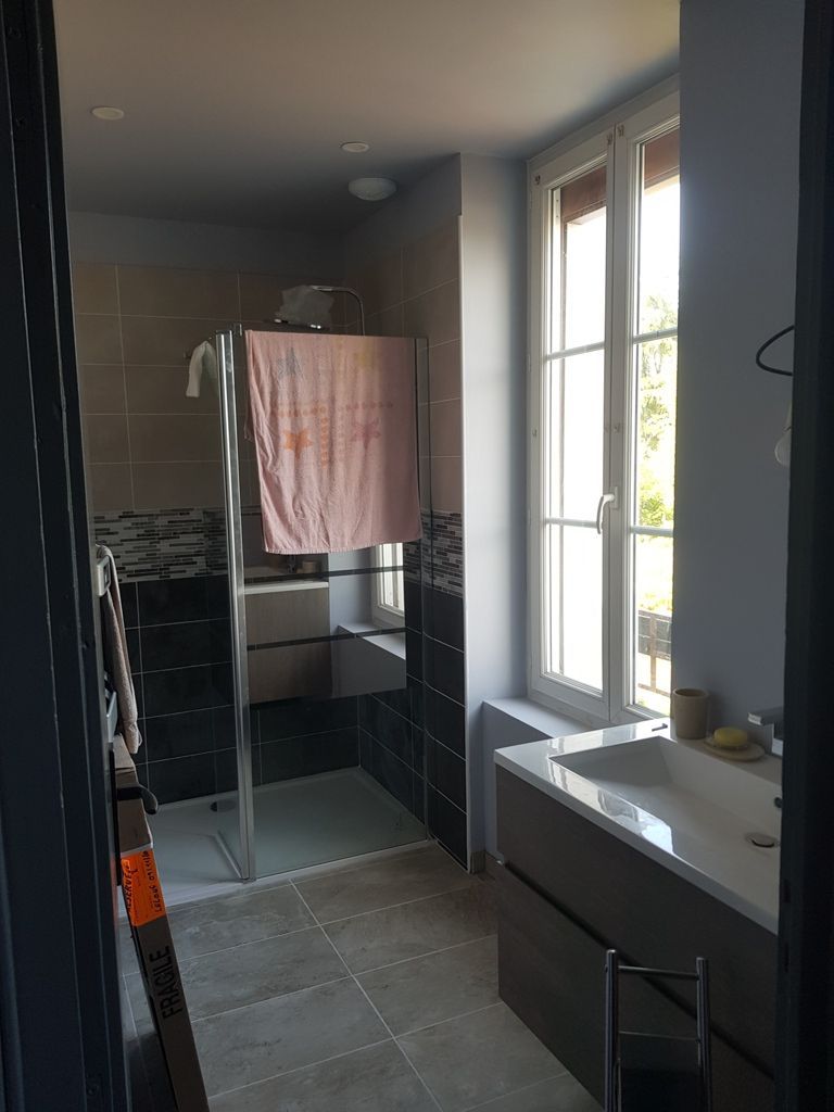 Une cabine de douche et un lavabo posés dans une pièce éclairée