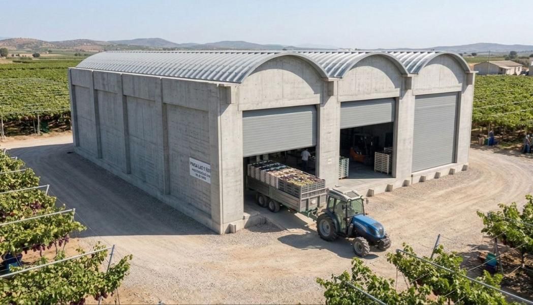 Un cobertizo agrícola rural con techos metálicos arqueados, aberturas frontales y un tractor estacionado afuera