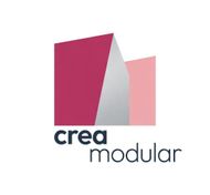 Logotipo de Crea Modular con formas geométricas rosas y grises sobre un fondo blanco.