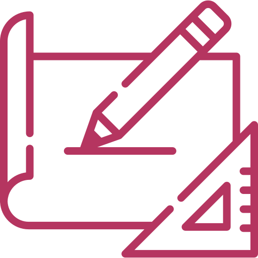 Icono de contorno rosa de un dibujo a lápiz sobre una hoja con una regla en la esquina.