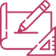 Icono de contorno rosa de un dibujo a lápiz sobre una hoja con una regla en la esquina.