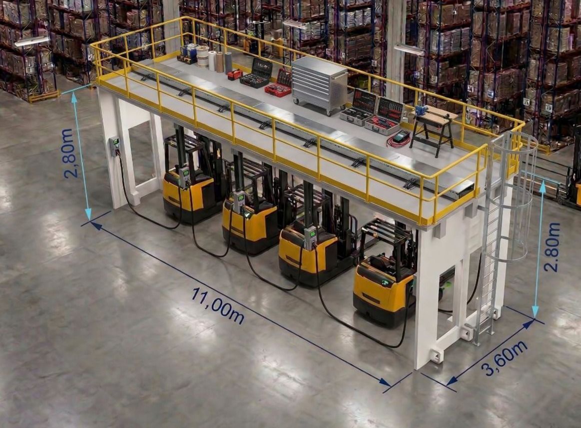 Sistema de automatización de almacén con cuatro carretillas elevadoras amarillas debajo de una plataforma transportadora 