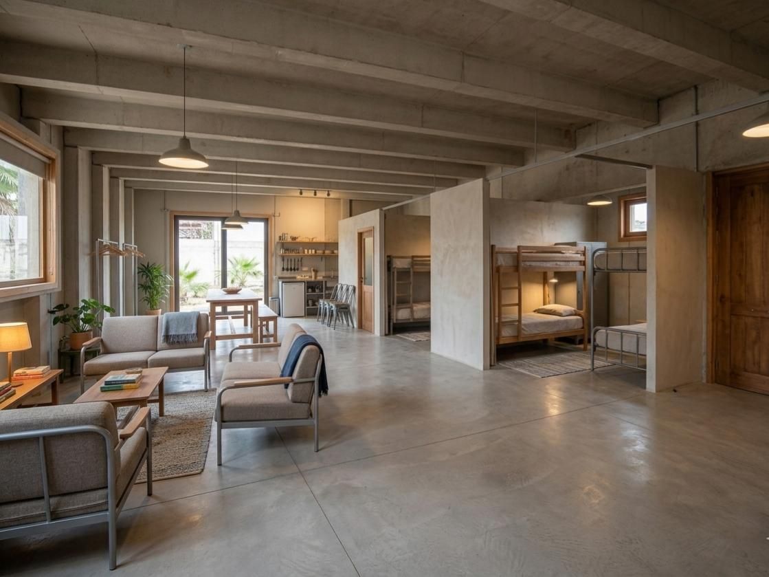 Salón moderno de planta abierta con vigas vistas, suelo de hormigón y cómodos asientos junto a una luminosa ventana.