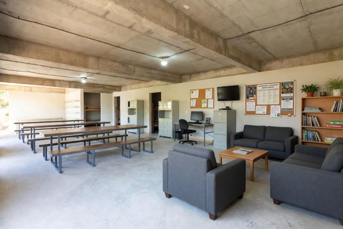 Sala comunitaria con mesas largas, sofás grises, sillas y un tablón de anuncios bajo un techo de hormigón.