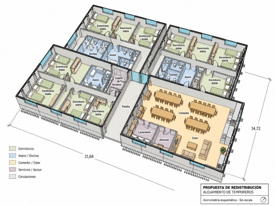 Plano de planta de un edificio con codificación por colores, que muestra las habitaciones y una disposición isométrica.