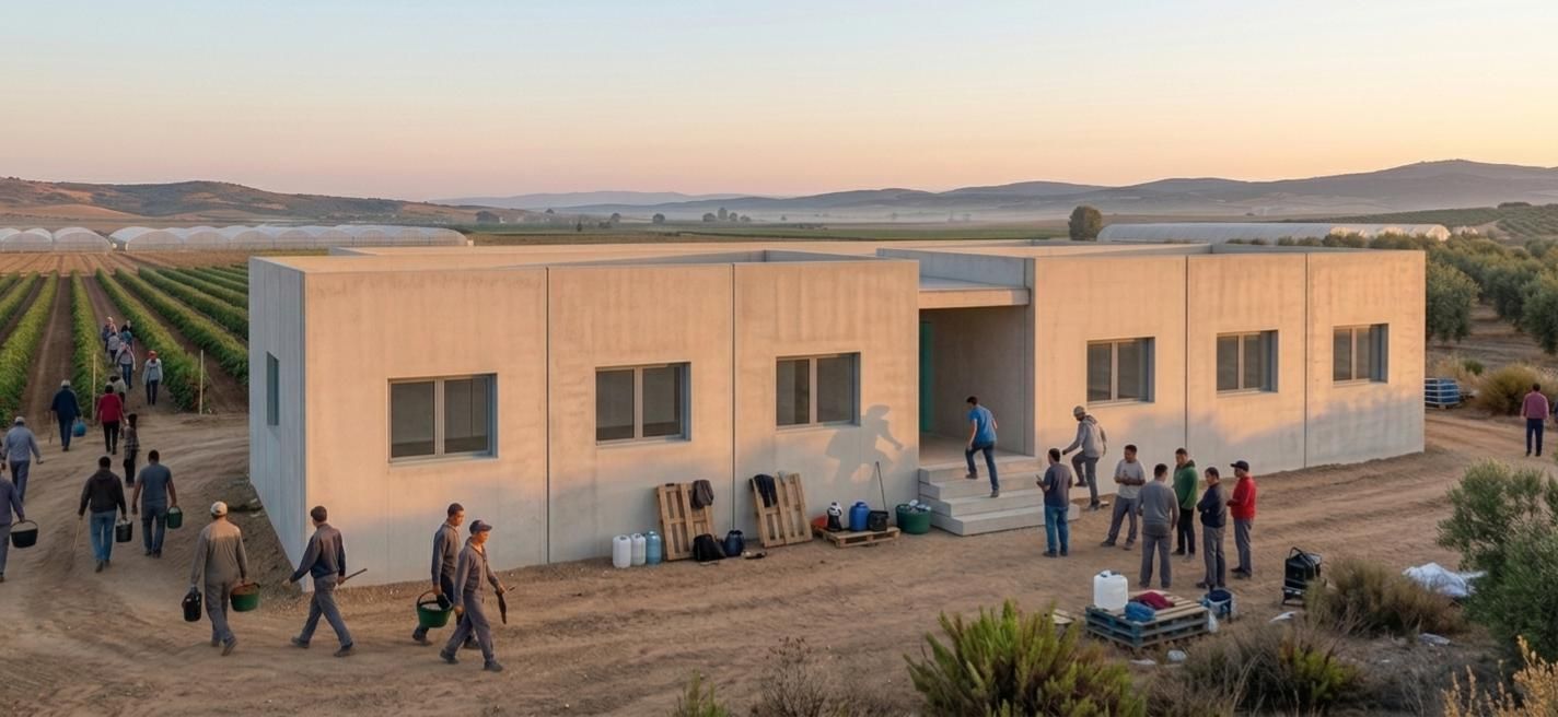 Al atardecer, varias personas se congregaron frente a un edificio modular de color beige en un campamento rural 