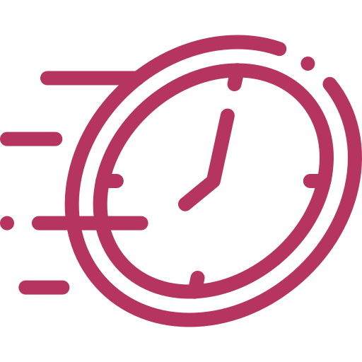 Cronómetro rosa con líneas de movimiento que indican la velocidad o el tiempo transcurrido.