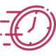 Cronómetro rosa con líneas de movimiento que indican la velocidad o el tiempo transcurrido.